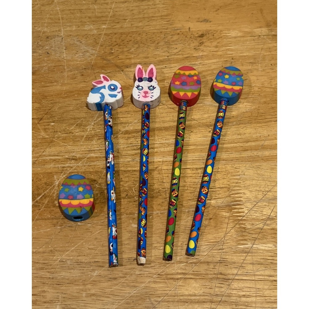 Lisa Frank Easter Egg Bunny Pencils Eraser Topper Vintage Set‎ Of 4 See Pics